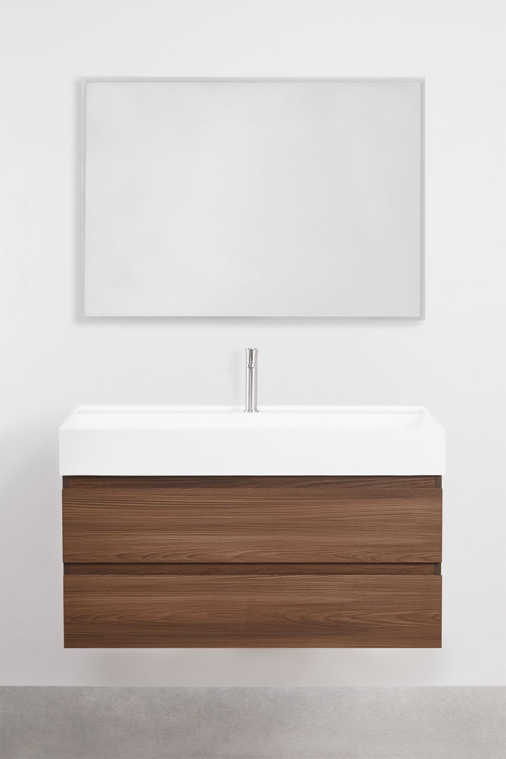 Ensemble de meuble de salle de bain suspendu en bois et placage de frêne avec lavabo intégré Ona, image de la galerie 2