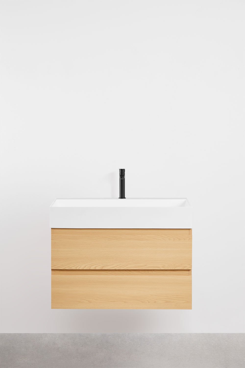 Ensemble de meuble de salle de bain suspendu en bois et placage de frêne avec lavabo intégré Ona, image de la galerie 2