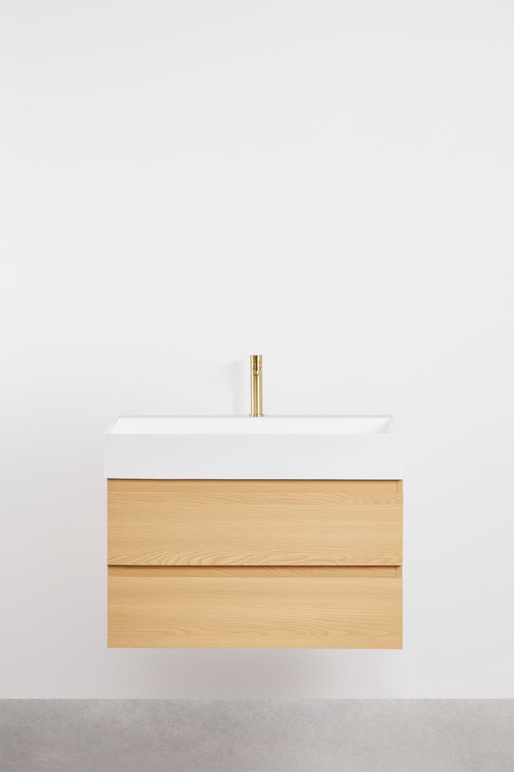 Ensemble de meuble de salle de bain suspendu en bois et placage de frêne avec lavabo intégré Ona, image de la galerie 2
