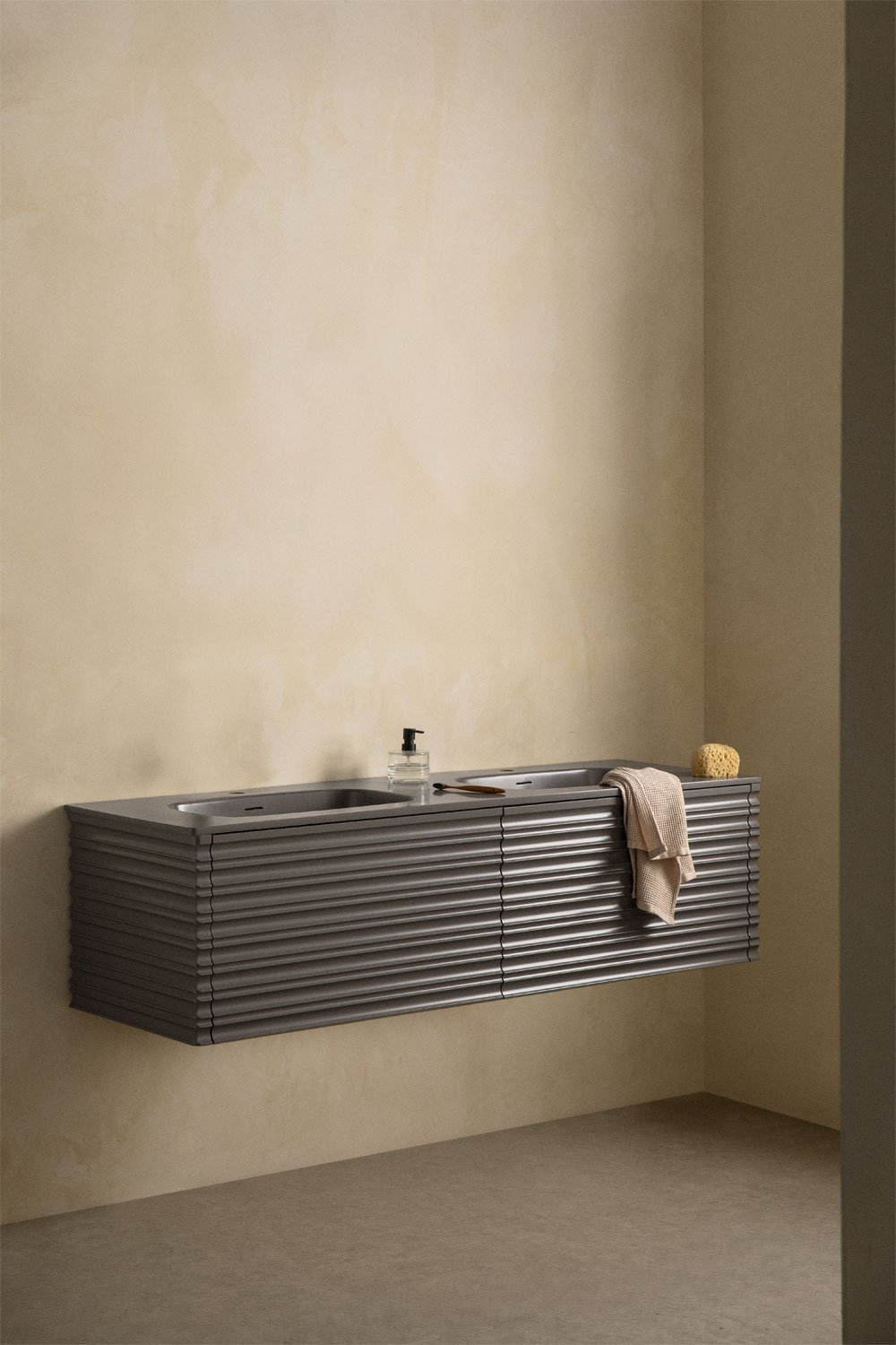 Ensemble de meubles de salle de bain en bois Noura avec vasques intégrées, image de la galerie 1