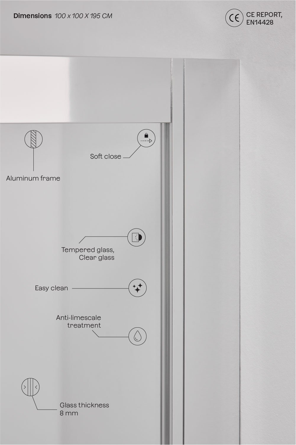Paroi de douche carrée avec portes coulissantes à fermeture douce, verre trempé 6 mm et aluminium Brent, image de la galerie 4