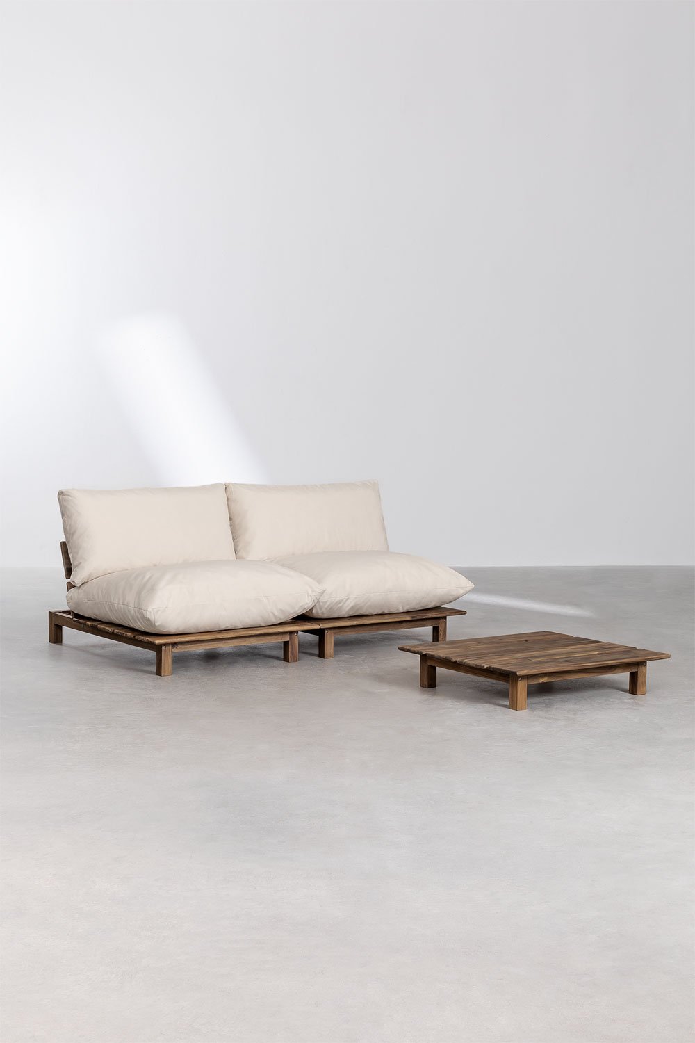 Ensemble de salon avec canapé inclinable modulable 2 pièces et table basse en bois d'acacia Brina, image de la galerie 1