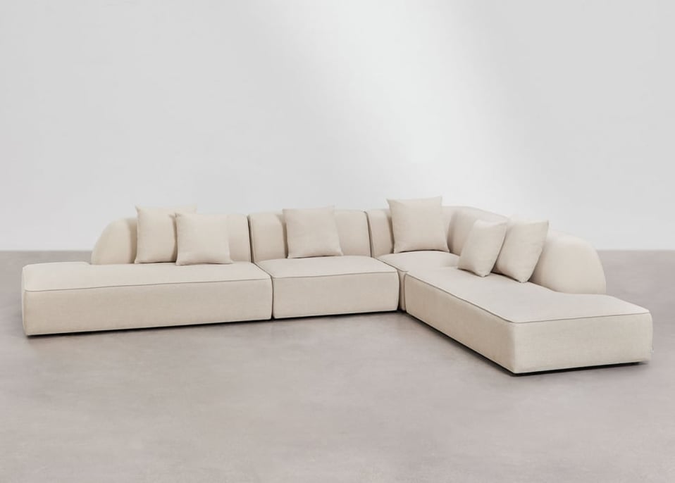 Canapé d'angle modulaire Cardea 4 pièces avec méridienne double rembourrée - Chenille Beige Crème