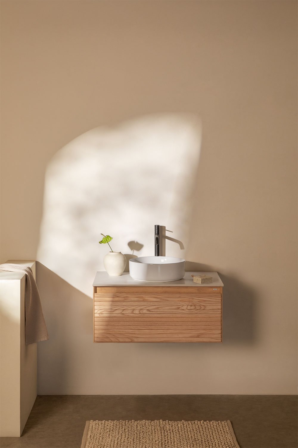 Ensemble de meuble de salle de bain suspendu 80x50 cm en bois de frêne Tedrik, image de la galerie 1
