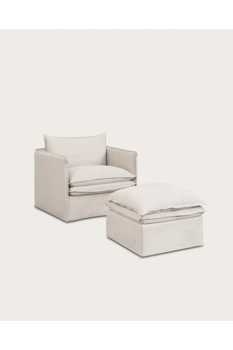 Ensemble de salon avec fauteuil et pouf en lin et coton Grace