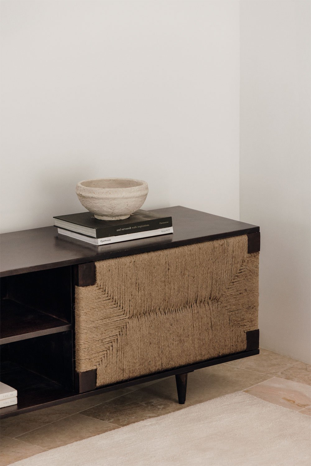 Meuble TV 200x40 cm en bois de manguier et jute Evans, image de la galerie 2