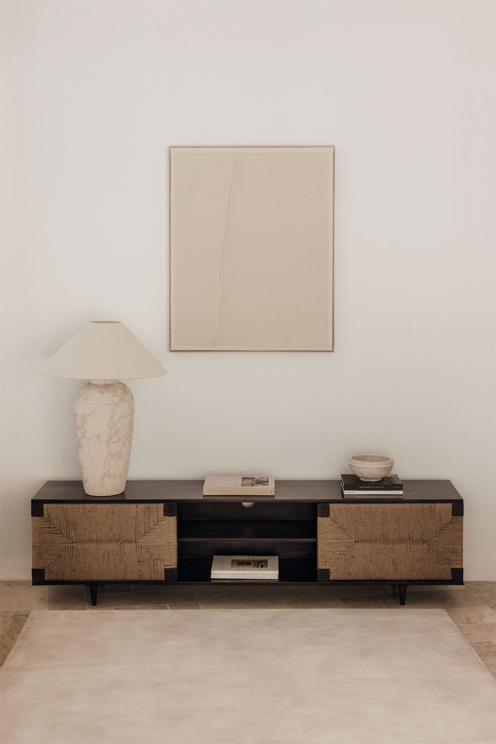 Meuble TV 200x40 cm en bois de manguier et jute Evans, image de la galerie 1