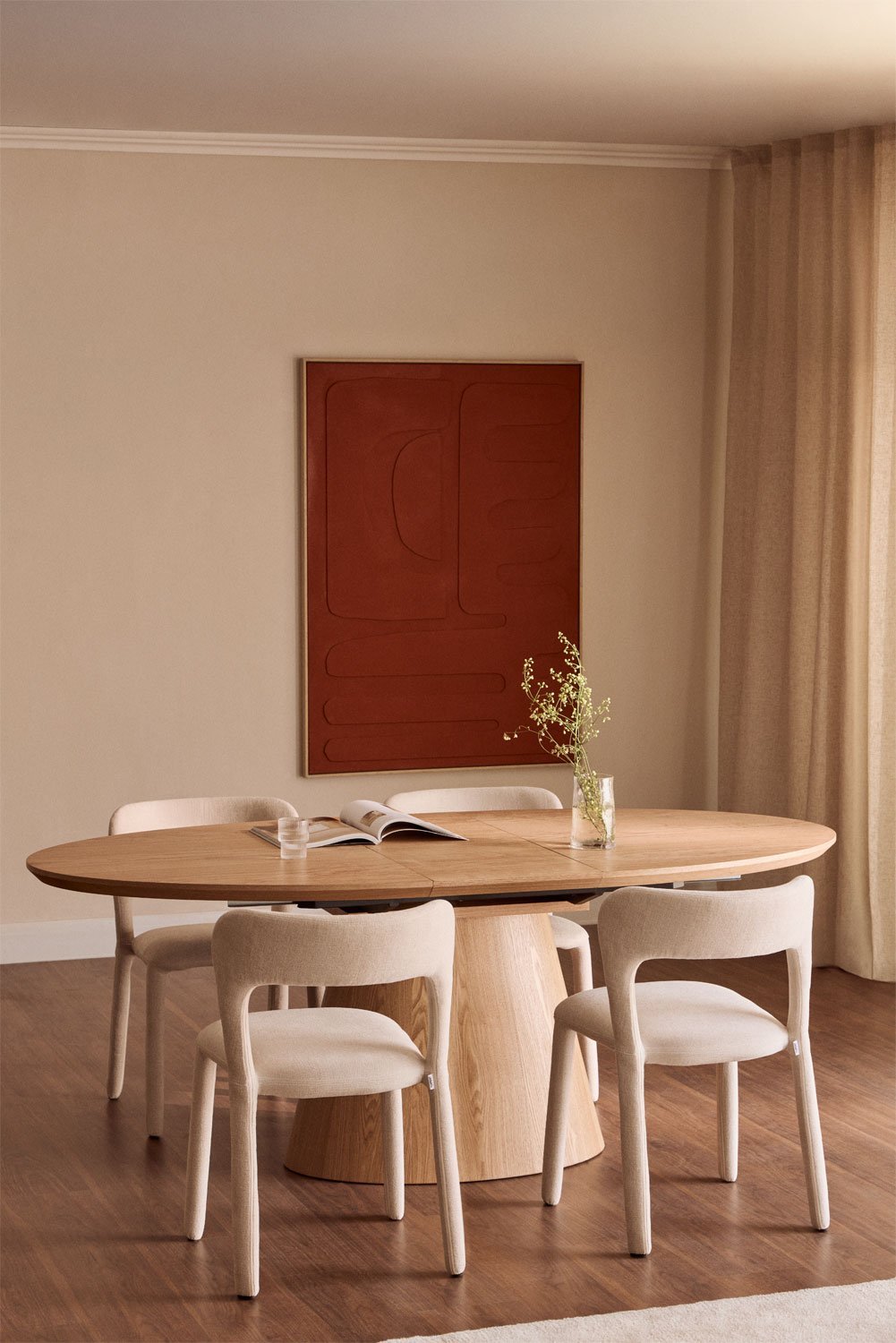 Table de salle à manger ovale extensible 160-200x100 cm en MDF et placage Gala, image de la galerie 1