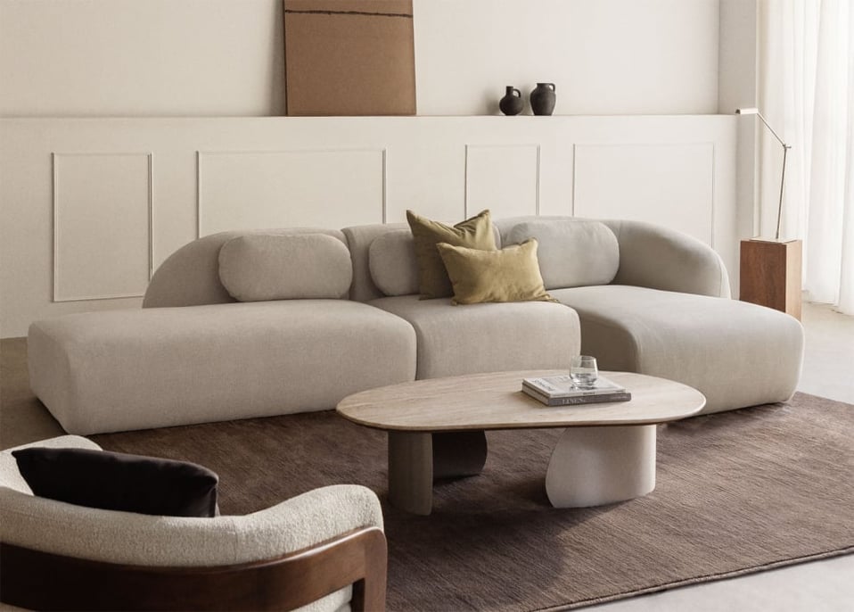 Canapé modulaire 3 pièces avec méridienne gauche en chenille Coquette - Chenille Beige Crème