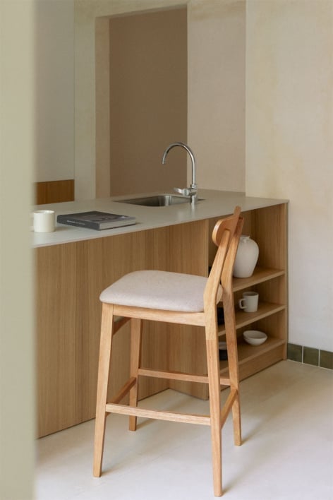 Tabouret haut 75 cm en tissu beige lin et bois finition naturelle Cloda