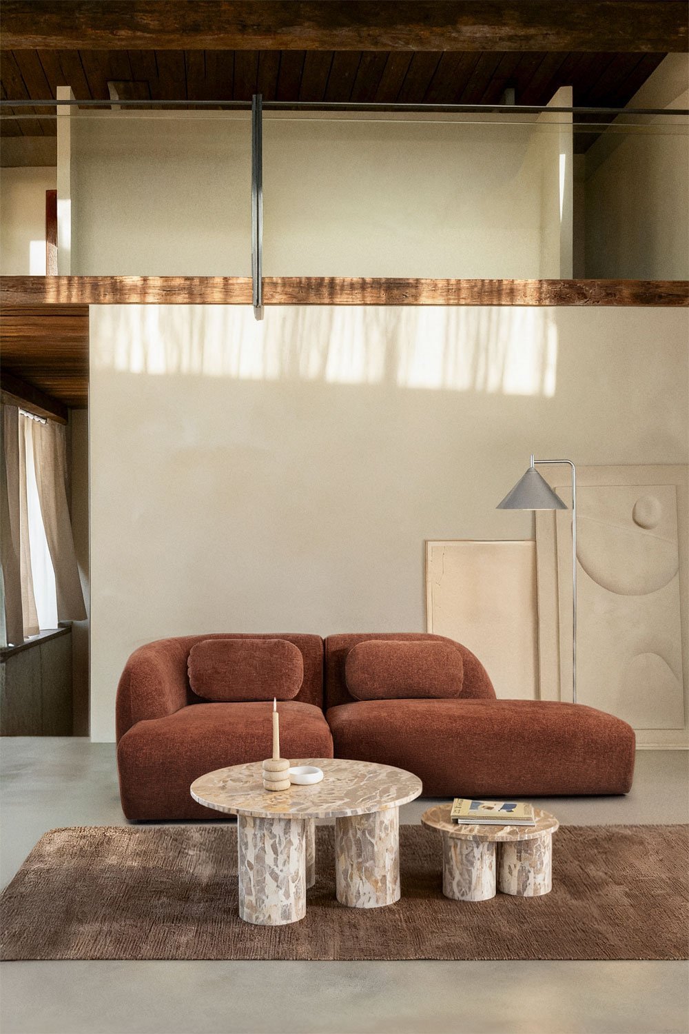 Canapé modulaire avec méridienne gauche en 2 pièces et divan droit en chenille Coquette, image de la galerie 1