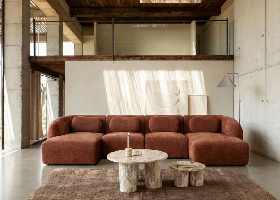 Canapé modulaire avec double chaise longue 4 pièces en chenille Coquette - Chenille brun rouille