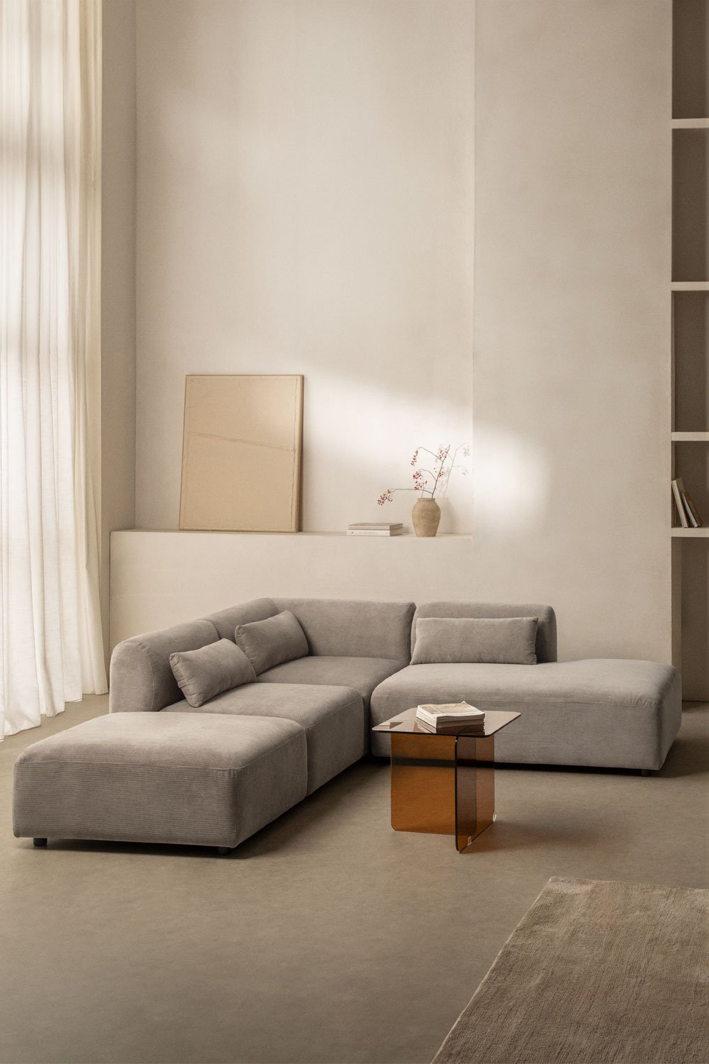 Canapé d'angle modulable 3 pièces avec méridienne droite et pouf Fogler, image de la galerie 1