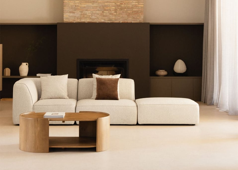 Canapé d'angle modulable Cardea 2 pièces avec pouf rembourré