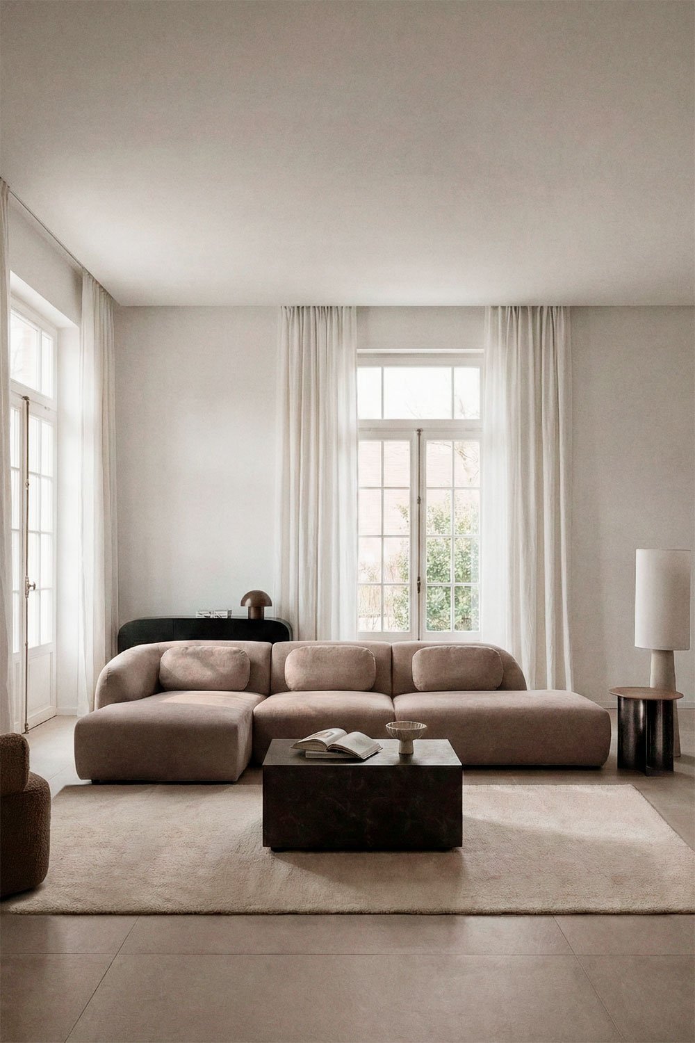 Canapé modulaire avec méridienne gauche en 3 pièces et divan droit en chenille Coquette, image de la galerie 1