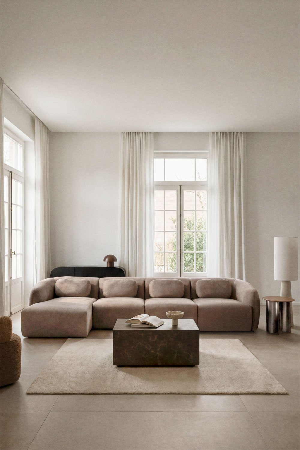 Canapé modulable avec méridienne gauche 4 pièces en chenille Coquette, image de la galerie 1