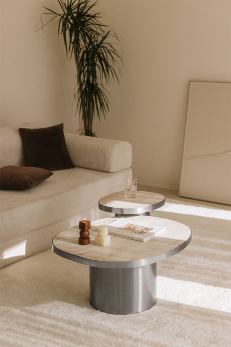 Set de 2 tables basses en travertin et acier inoxydable Fertrix