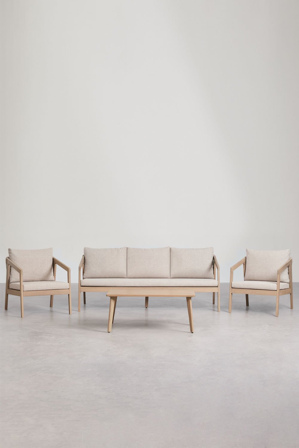 Ensemble de jardin avec canapé 3 places, 2 fauteuils et table basse en bois d'acacia et corde tressée Kaela, image de la galerie 3