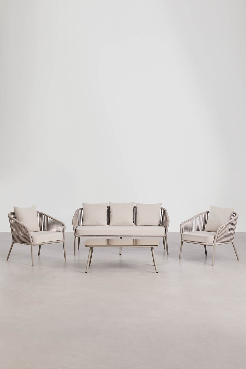 Ensemble de jardin avec canapé 2 places, 2 fauteuils en corde tressée et table basse Arhiza, image de la galerie 2