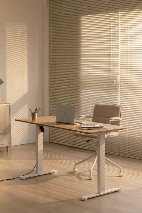 Bureau électrique rectangulaire réglable en hauteur avec fonction mémoire en bois et fer Serpi