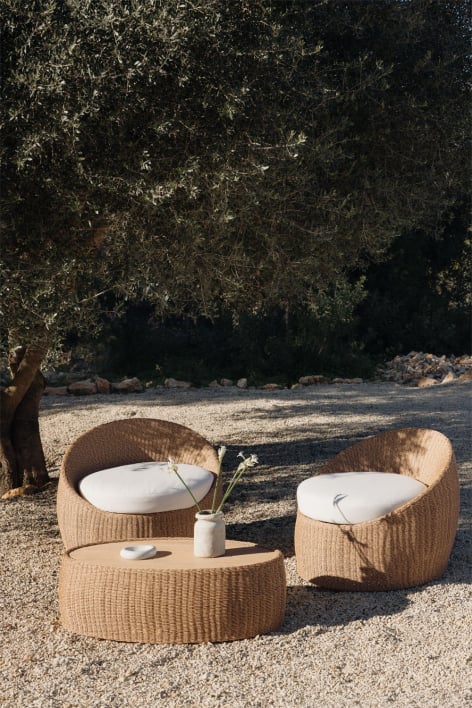 Ensemble de jardin Clarnyx avec 2 fauteuils et une table basse en bois d'acacia et rotin