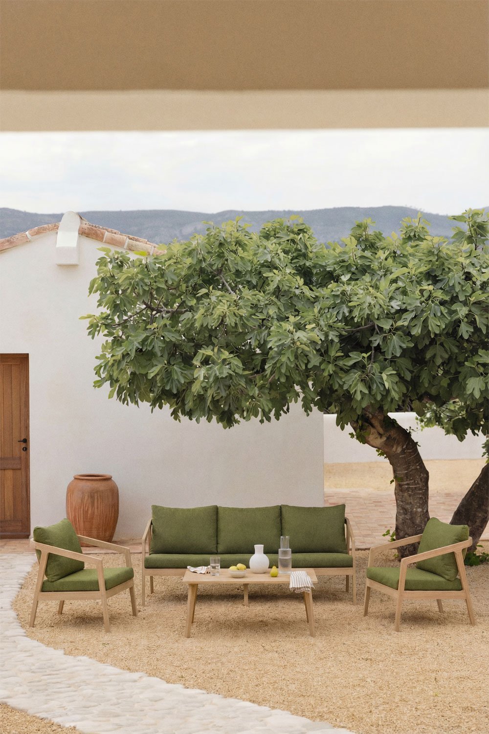 Ensemble de jardin avec canapé, 2 fauteuils et table basse en bois d'acacia Kaela, image de la galerie 1