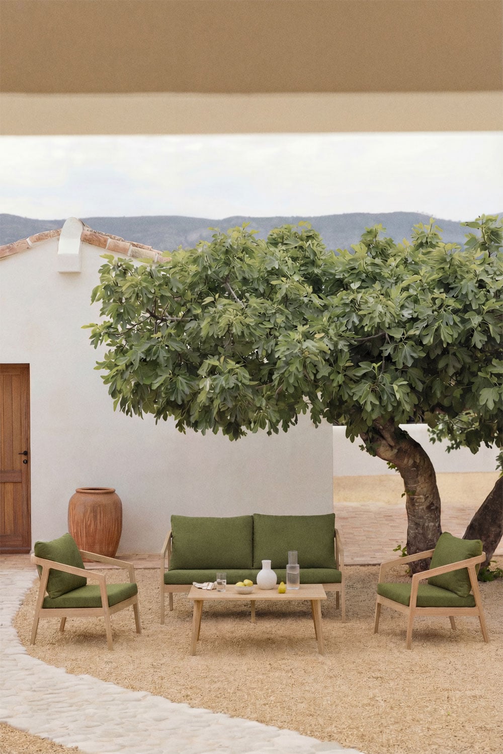Ensemble de jardin avec canapé, 2 fauteuils et table basse en bois d'acacia Kaela, image de la galerie 1