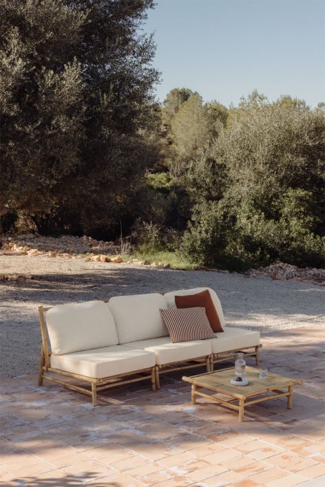 Ensemble de jardin avec canapé modulaire 3 pièces et table basse carrée 75x75 cm en bambou Isendra
