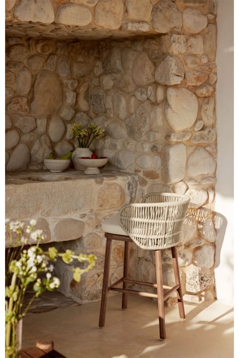 Tabouret haut de jardin en bois d'acacia et corde tressée Capri