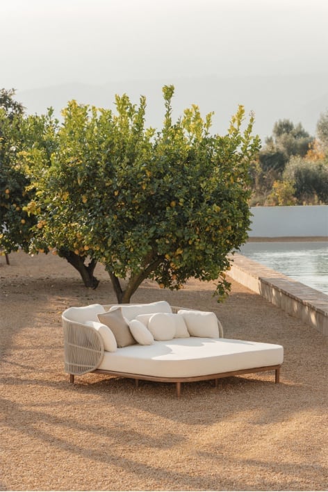 Chaise longue double avec coussins en bois d'acacia et corde tressée Capri