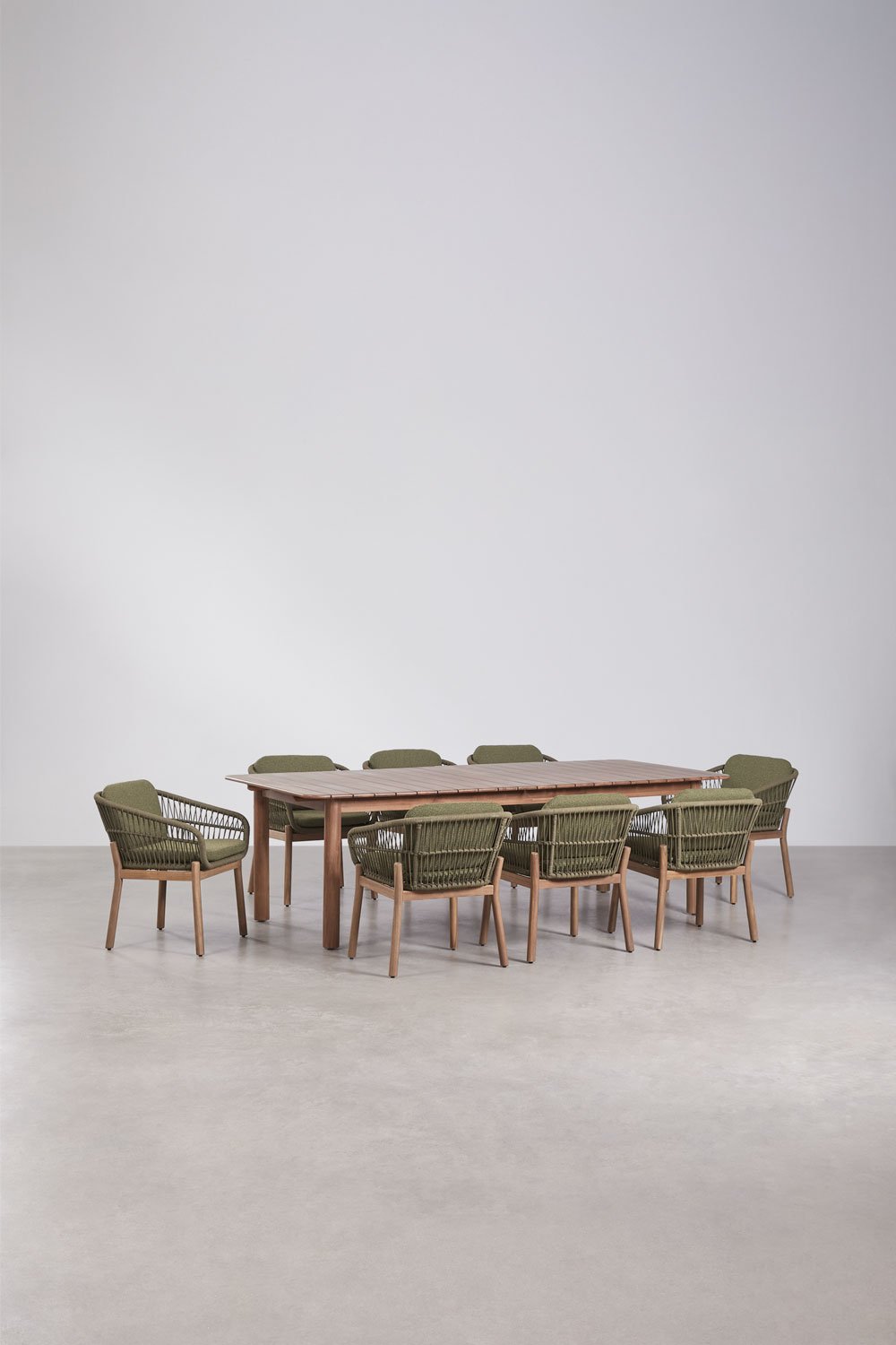 Set de table rectangulaire extensible Duala 250-310x105 cm et 8 chaises de salle à manger en bois d'acacia et corde tressée Karv, image de la galerie 1