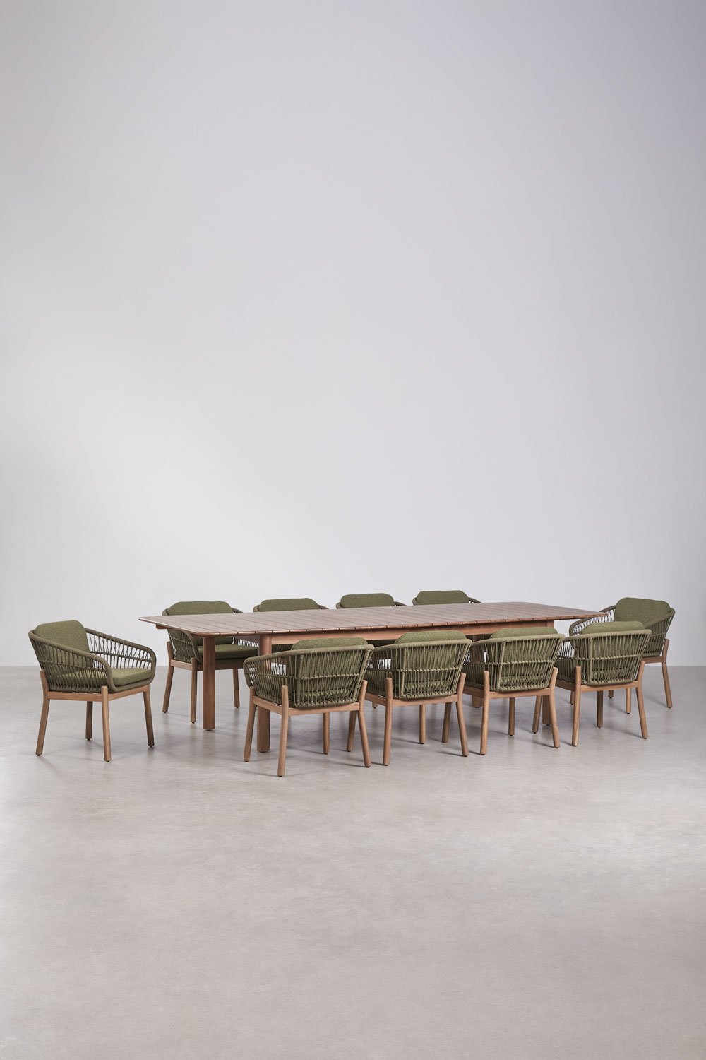 Set de table rectangulaire extensible Duala 250-310x105 cm et 10 chaises de salle à manger en bois d'acacia et corde tressée Kar, image de la galerie 1