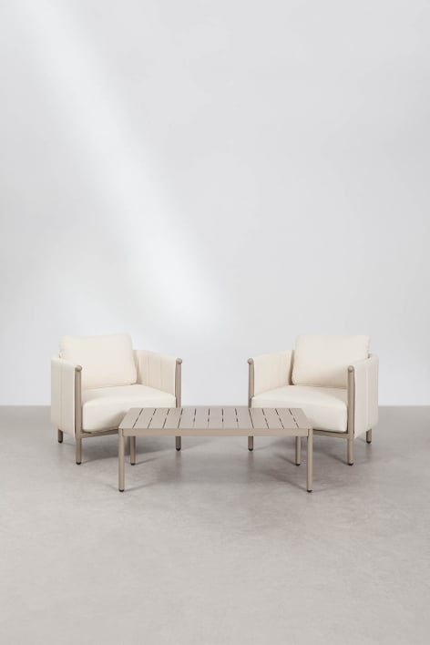 Ensemble de jardin avec 2 fauteuils et table basse en bouclé et aluminium Boleni