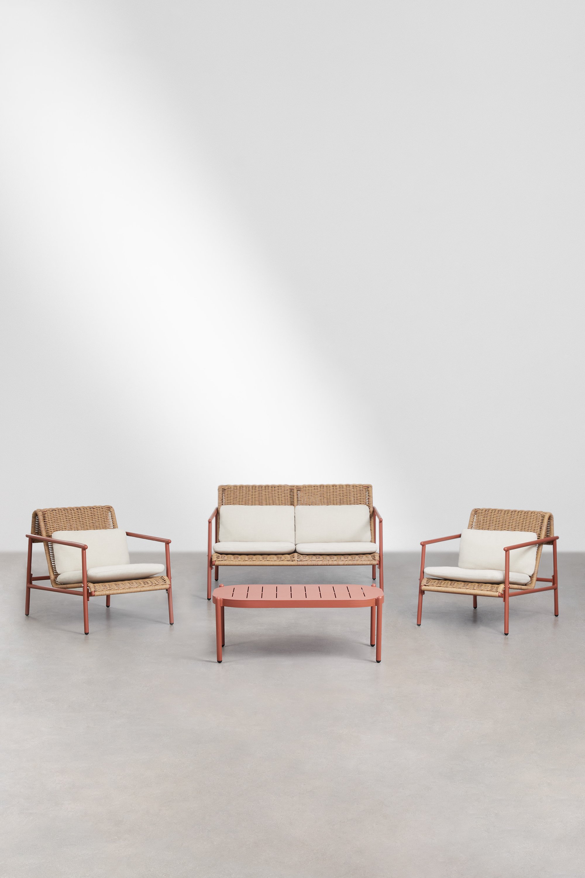 Ensemble de jardin avec canapé 2 places, 2 fauteuils et table basse en aluminium et rotin synthétique Duroli, image de la galerie 3