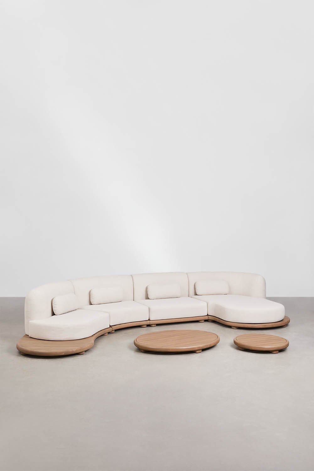 Ensemble de jardin avec canapé modulaire chaise longue droit 4 pièces et 2 tables basses en bois d'acacia Gerard, image de la galerie 1