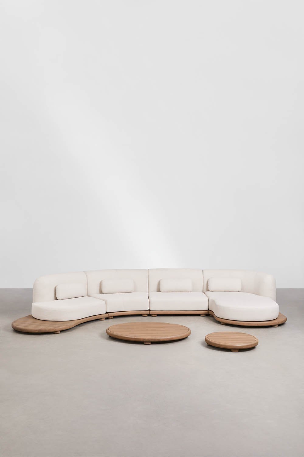 Ensemble de jardin avec canapé modulaire chaise longue droit 4 pièces et 2 tables basses en bois d'acacia Gerard, image de la galerie 3