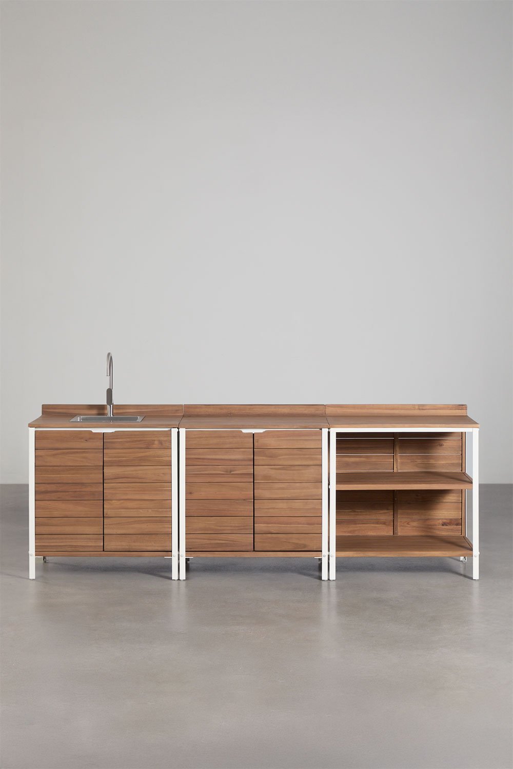 Cuisine modulaire d'extérieur 3 pièces avec évier et rangement en bois d'acacia Reggie, image de la galerie 1
