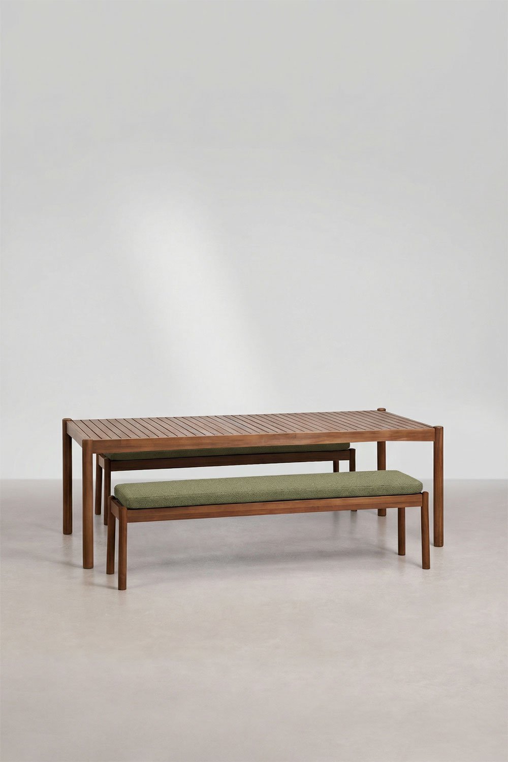 Set de table rectangulaire 220x100 cm et 2 bancs de salle à manger en bois d'acacia Karvia, image de la galerie 1