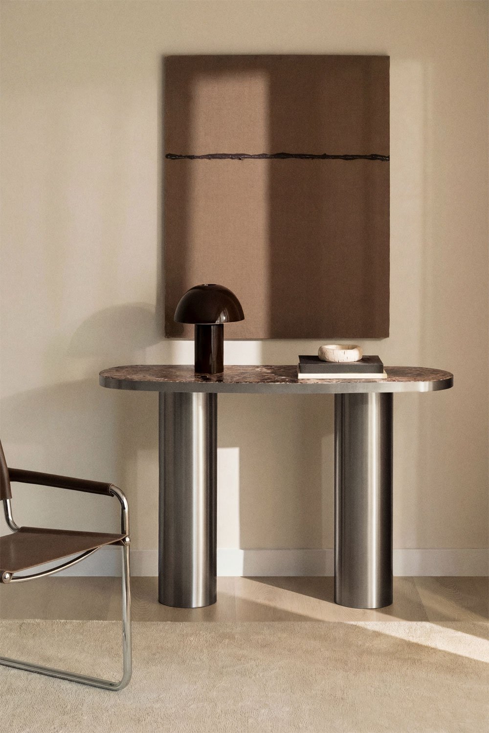 Console d'entrée ovale 120x40 cm en pierre naturelle et acier inoxydable Fertrix, image de la galerie 1