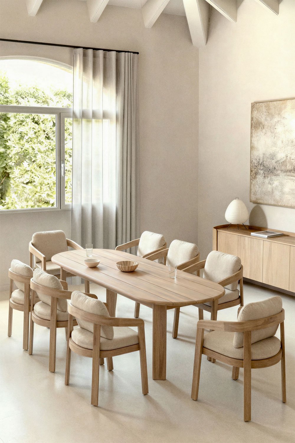 Set de table ovale 240x100 cm en bois d'acacia et 8 chaises de salle à manger en bois d'acacia Uleno, image de la galerie 1