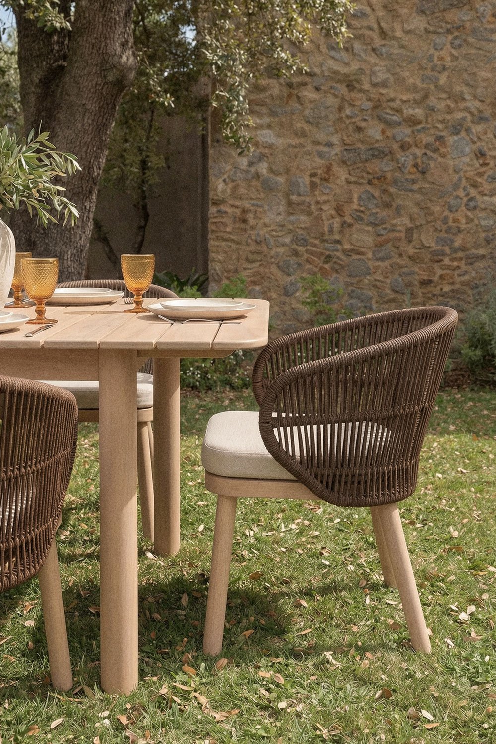 Set de table rectangulaire extensible Duala 250-310x105 cm et 12 chaises de jardin en bois d'acacia et corde tressée Capri, image de la galerie 2