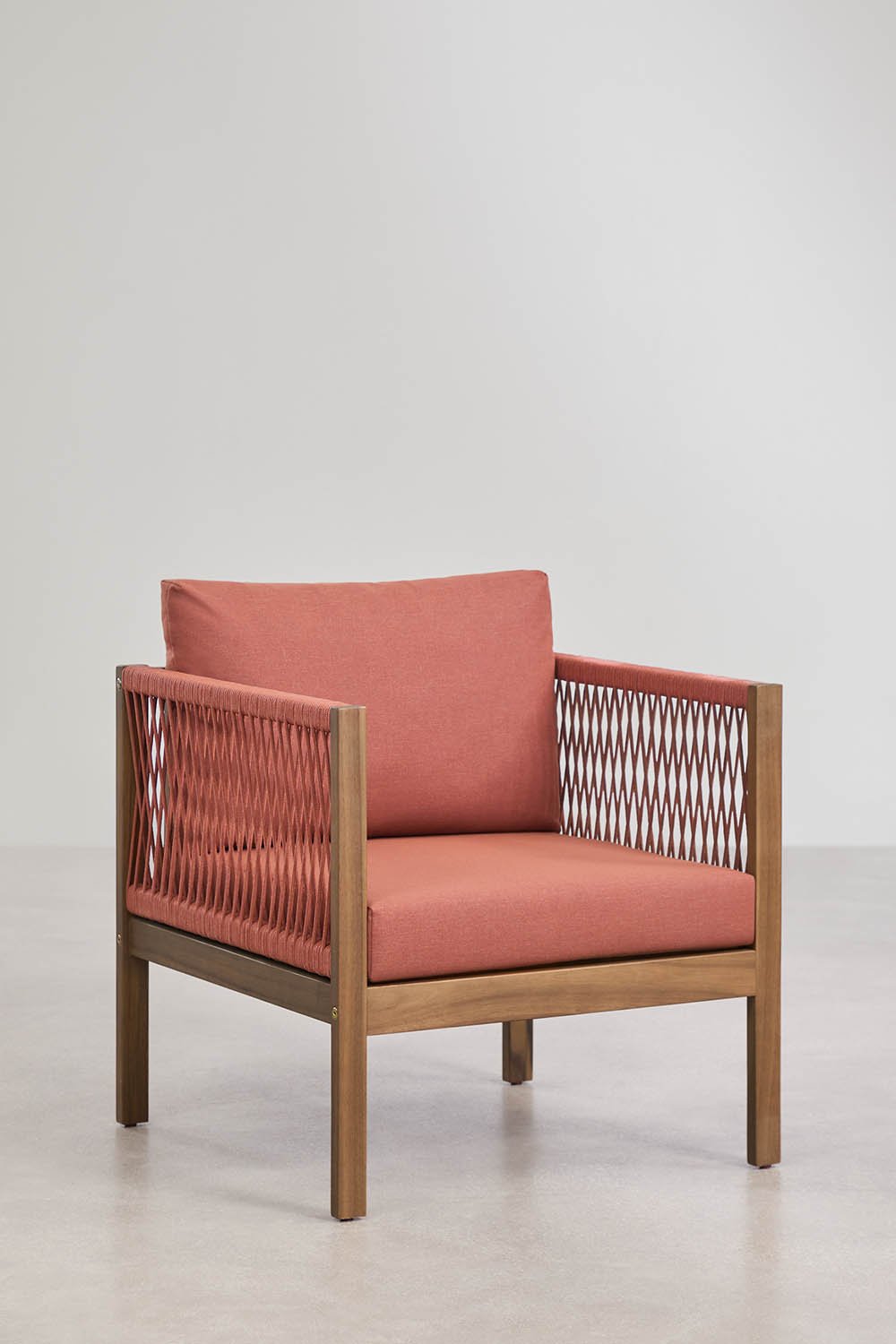 Ensemble de salon avec canapé modulaire 3 pièces avec accoudoirs, fauteuil et table basse en bois d'acacia Branson, image de la galerie 7