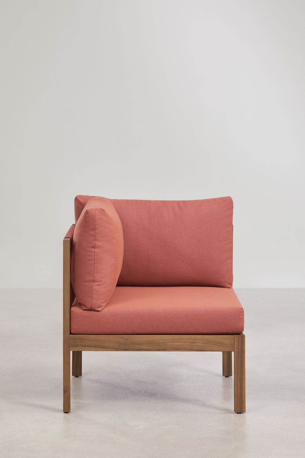 Ensemble de salon avec canapé modulaire 2 pièces avec accoudoirs, fauteuil et table basse en bois d'acacia Branson, image de la galerie 3