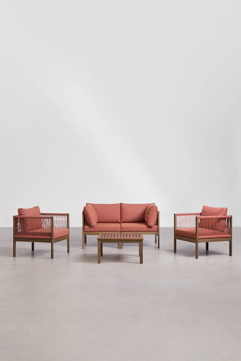 Ensemble de jardin avec canapé modulaire 2 pièces avec accoudoirs, 2 fauteuils et table basse en bois d'acacia Branson, image de la galerie 1