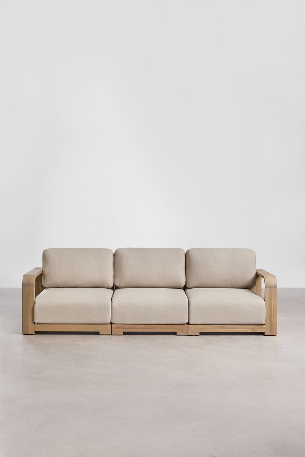 Canapé modulaire de jardin 3 pièces avec accoudoirs en bois d'acacia Brivori, image de la galerie 3