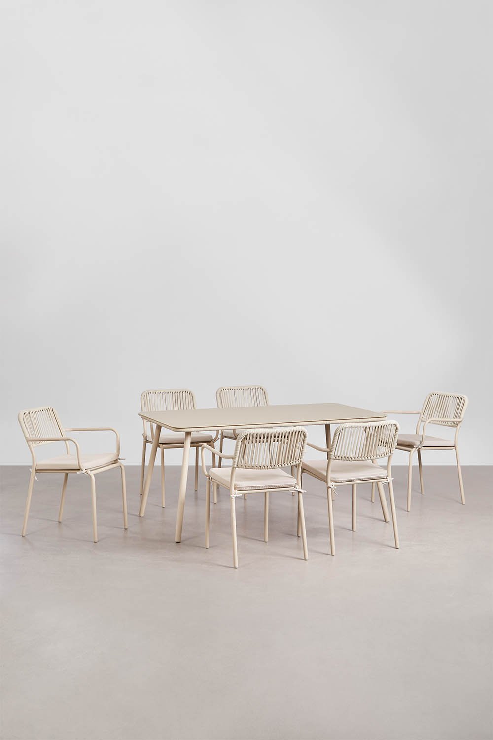 Ensemble de table rectangulaire 160x90 cm et 6 chaises de salle à manger empilables en corde tressée Arhiza, image de la galerie 1