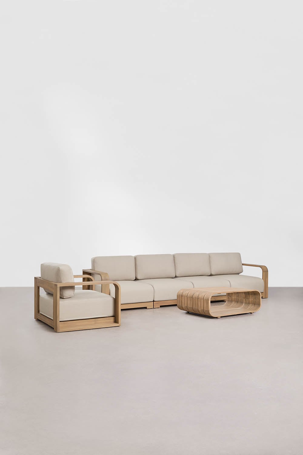 Ensemble de jardin avec canapé modulaire 4 pièces avec accoudoirs, fauteuil et table basse en bois d'acacia Brivori, image de la galerie 3
