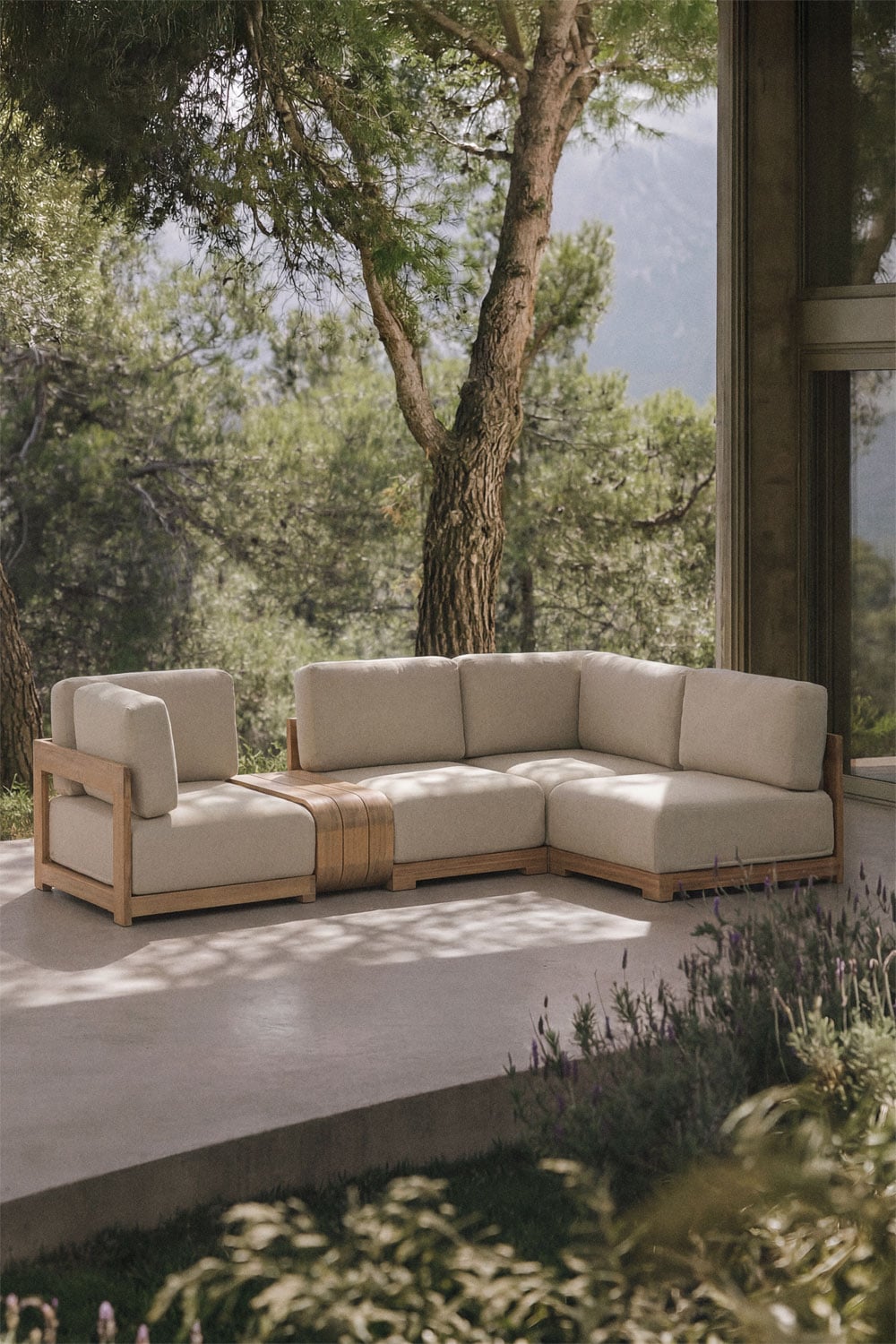 Canapé d'angle modulaire de jardin 4 pièces avec table d'appoint en bois d'acacia Brivori, image de la galerie 1