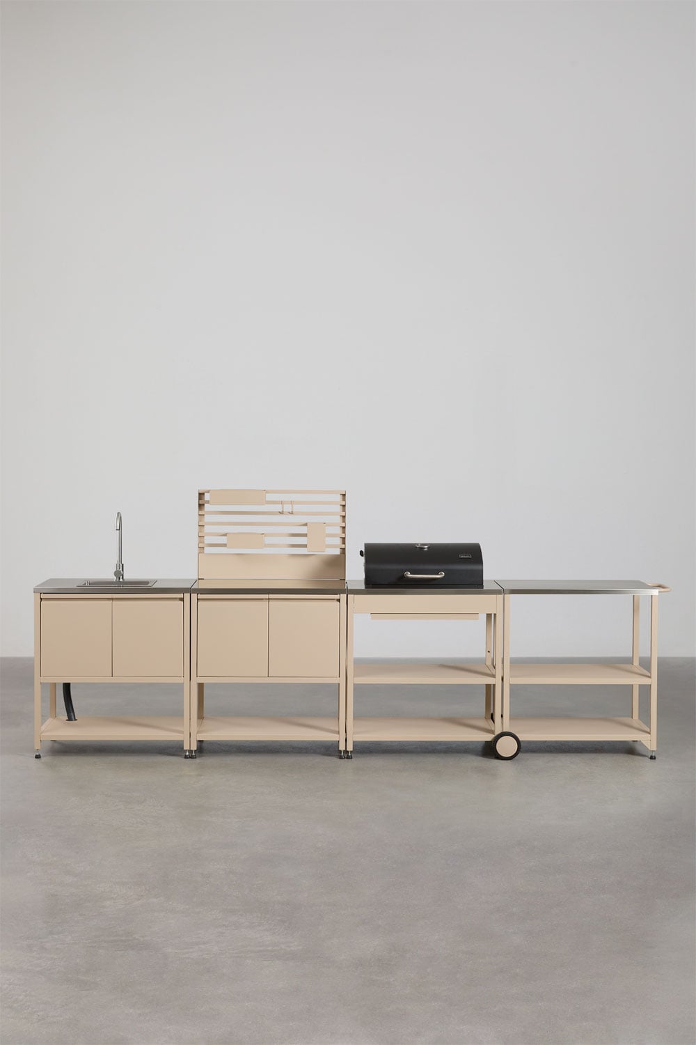 Cuisine modulaire d'extérieur 4 pièces avec évier, panneau organisateur, chariot et barbecue à charbon en acier Savona, image de la galerie 1