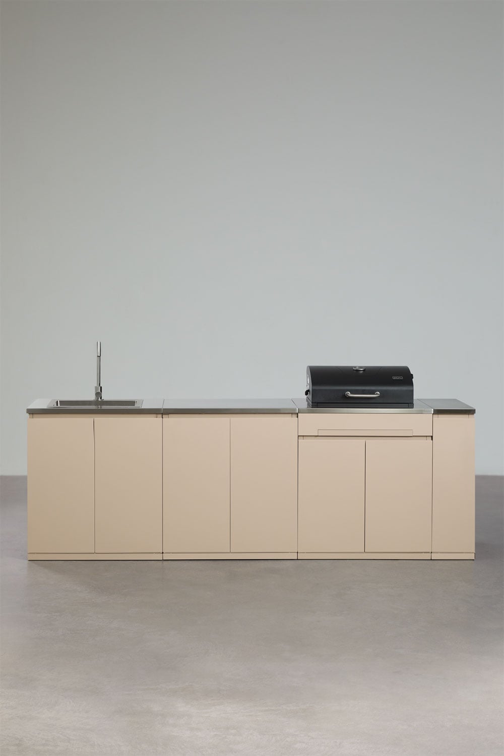 Cuisine modulaire d'extérieur 4 pièces avec évier, rangement et barbecue au charbon en acier Rivana, image de la galerie 1